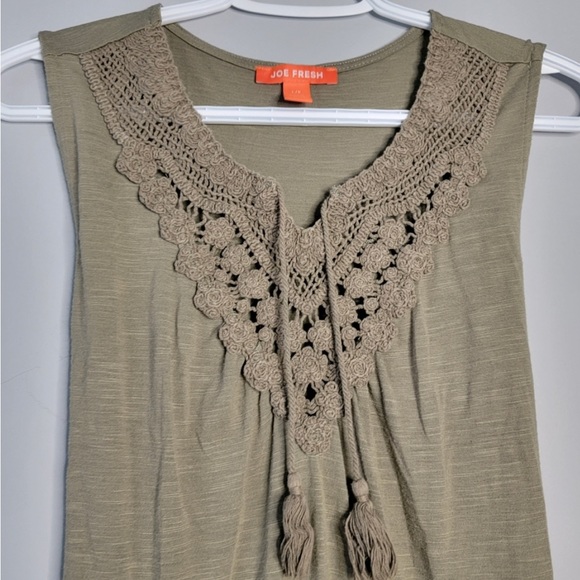Sage Green Boho Dress with Crochet Collar and Tassel Ties - Picture 2 of 3